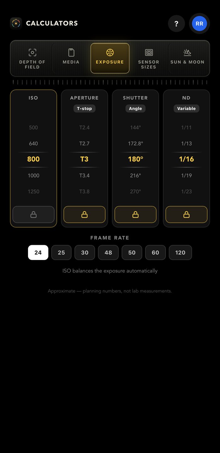 The exposure calculator — ISO 800, T3, 180 degrees and a 1/16 variable ND standing as four gear columns, three of them locked