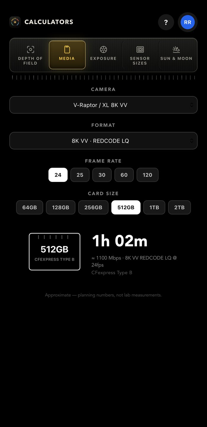 The media calculator — a RED V-Raptor at 8K VV REDCODE LQ on a 512GB CFexpress card, reading one hour and two minutes