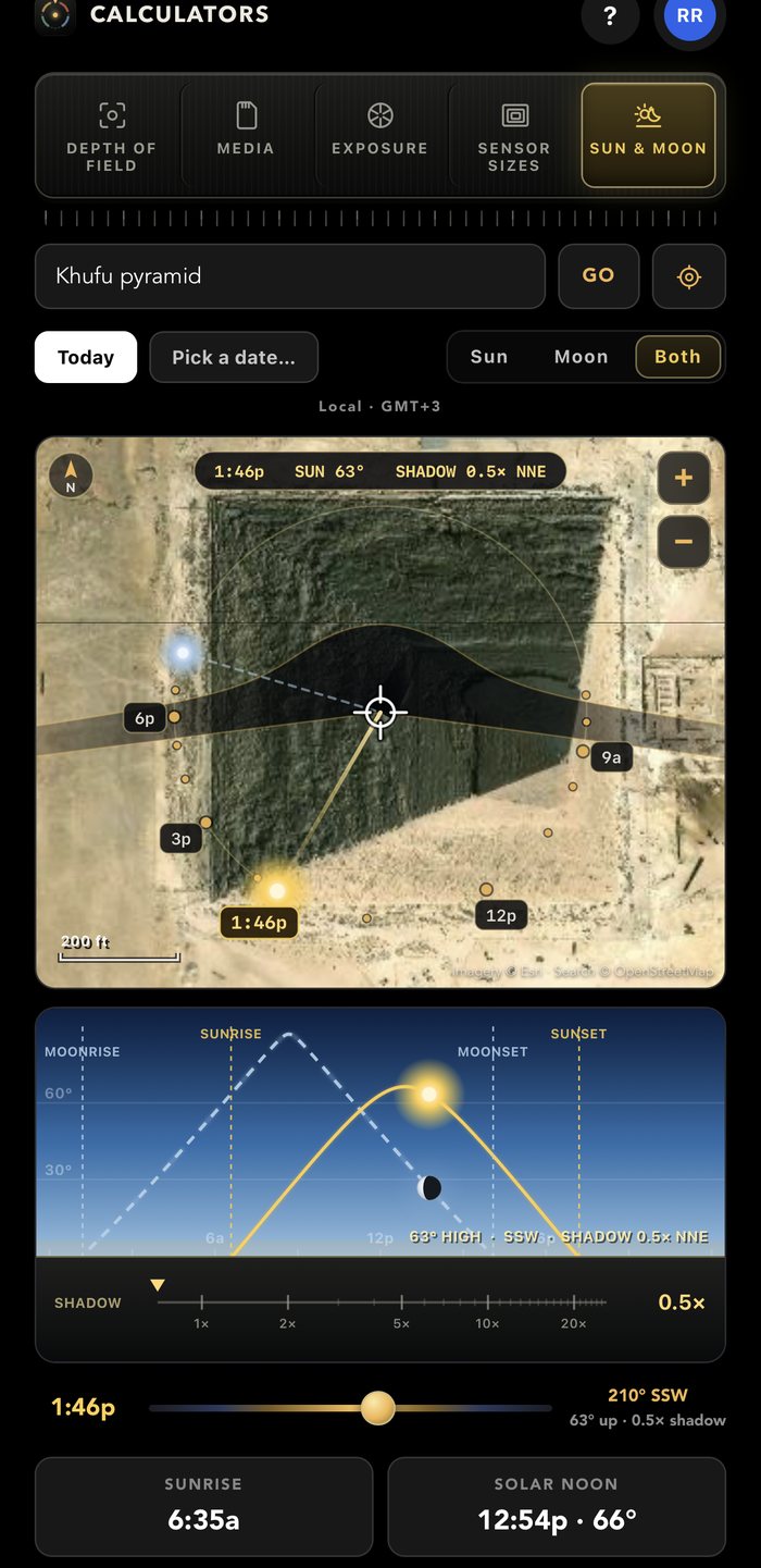 The Sun and Moon calculator over the Khufu pyramid — the day's shadow sweep on satellite imagery above a section view carrying both the sun's arc and the moon's, with moonrise and moonset marked