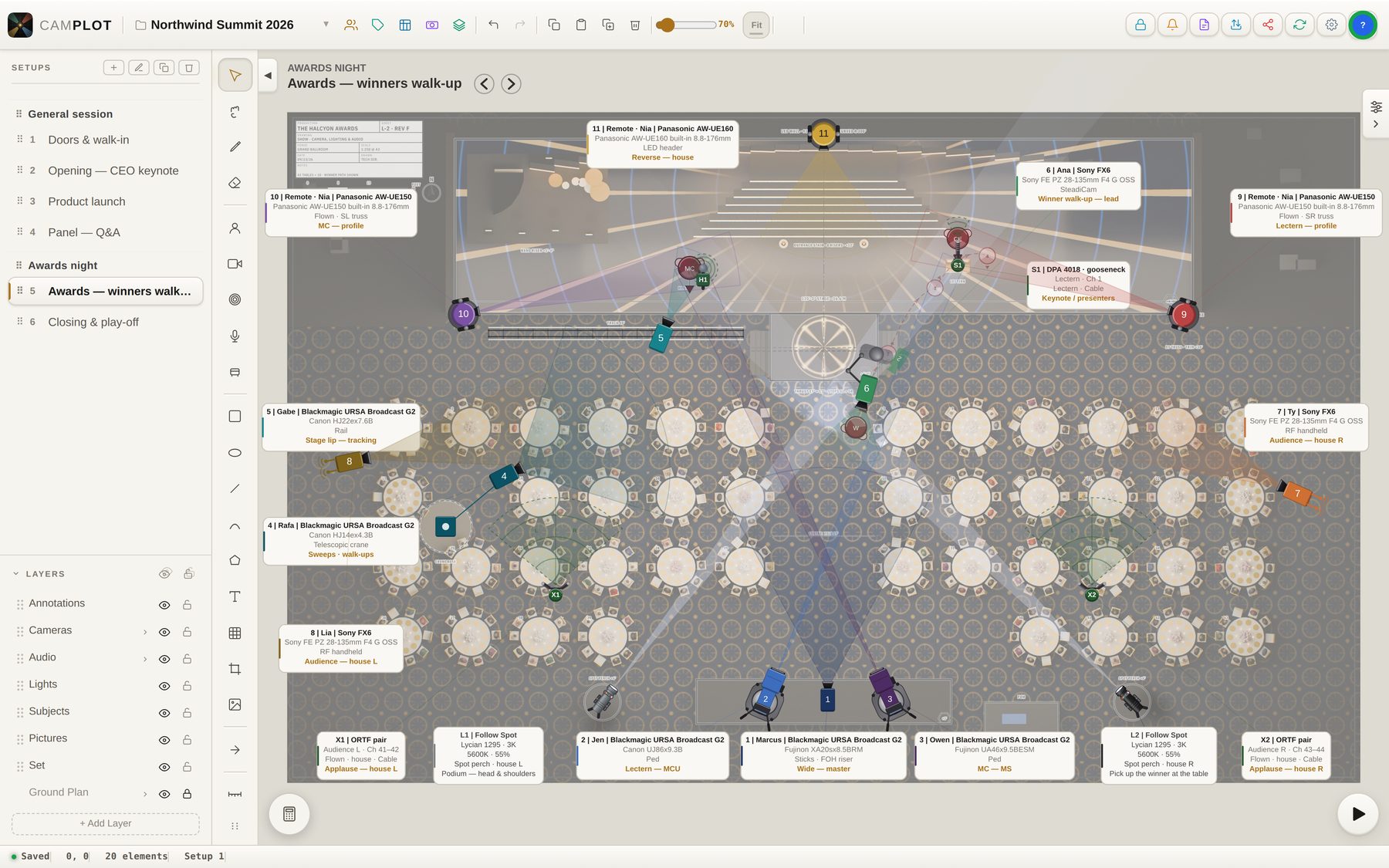 An awards-night plot in CamPlot on the Mac: three URSA Broadcast G2s on the front-of-house riser, PTZs flown from the downstage truss, a jib, a rail at the stage lip, a Steadicam and RF cameras, followspots and audience mics, with the show’s segments listed on the left