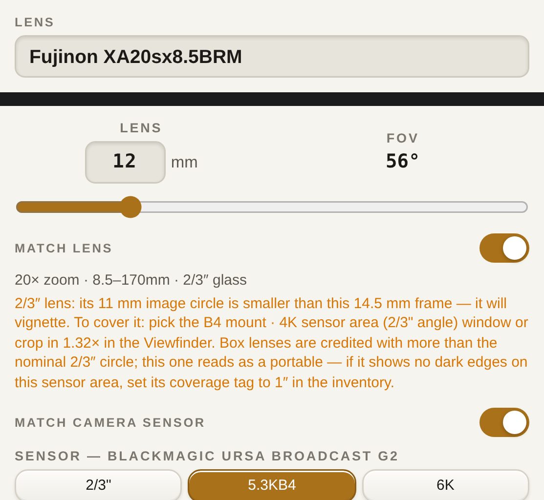The camera panel for a URSA Broadcast G2 with a Fujinon XA20sx8.5BRM on the 5.3K sensor area: 12 mm, 56 degrees, 20x zoom 8.5 to 170 mm on 2/3 inch glass, and an amber note that the lens will vignette on this sensor area, with the ways to cover it