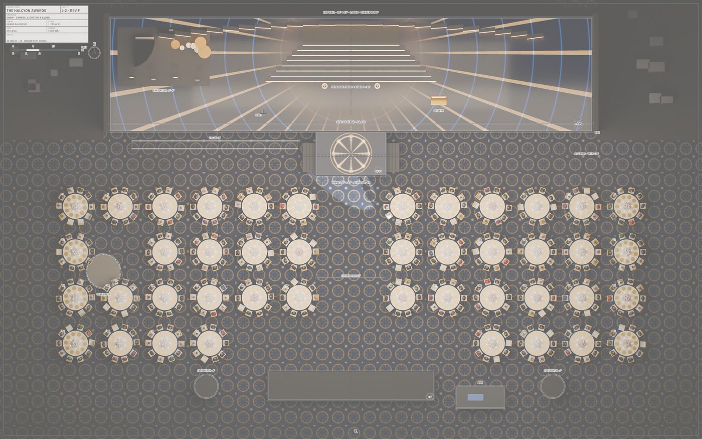 A ballroom plan with stage, thrust, LED wall and rounds of ten