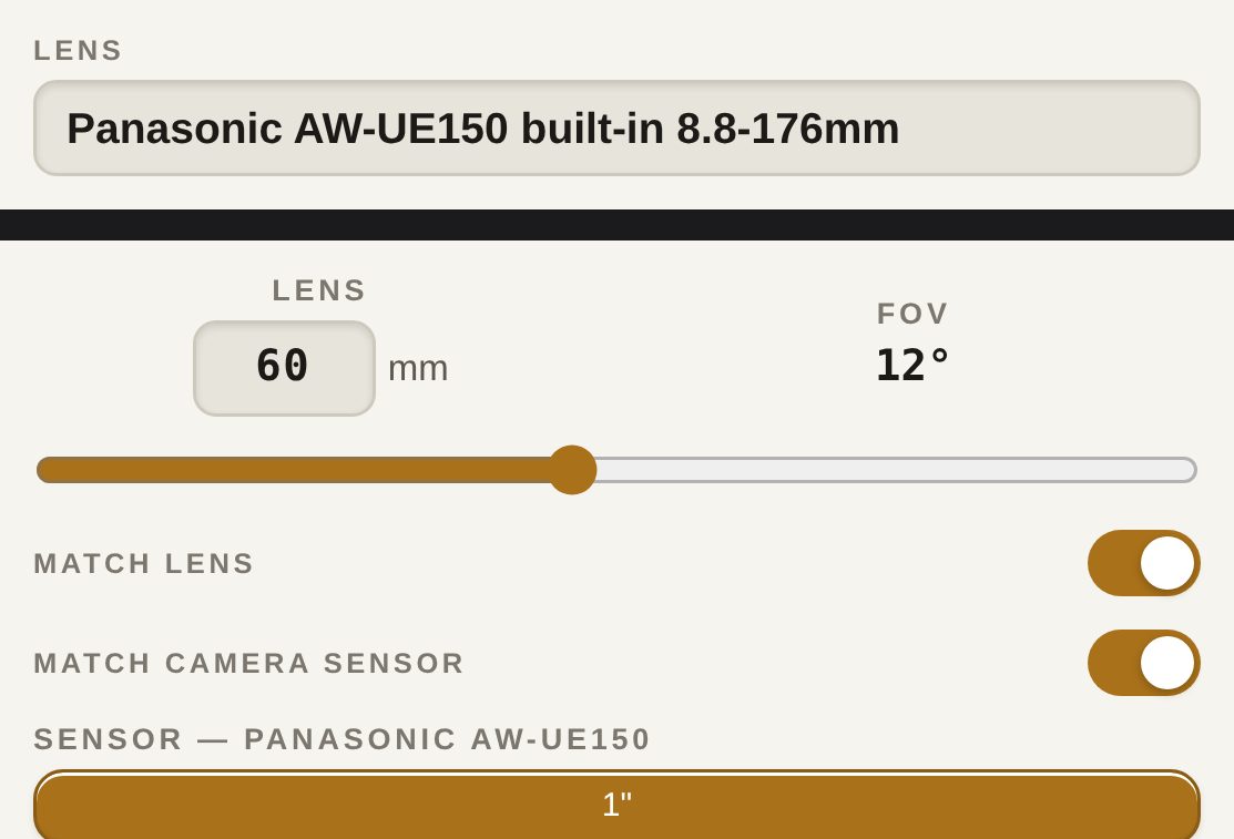 The camera panel for a Panasonic AW-UE150: its built-in 8.8 to 176 mm lens, 60 mm and 12 degrees on the 1 inch sensor