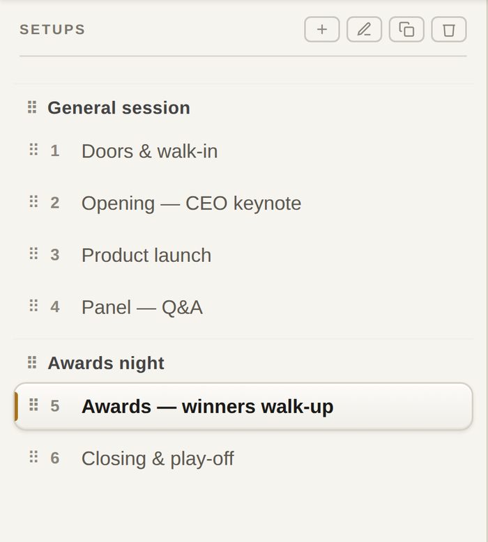The Setups list: General session and Awards night groups with six segments