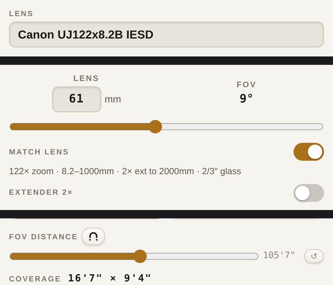 The camera panel: Canon UJ122x8.2B IESD in the lens field, 61 mm and 9 degrees, 122x zoom 8.2 to 1000 mm with a 2x extender to 2000 mm on 2/3 inch glass, and a coverage of 16 feet 7 by 9 feet 4 at 105 feet 7