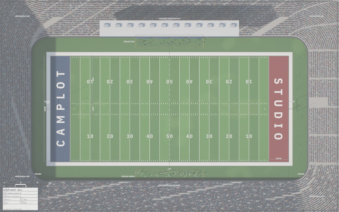A stadium drone plan with its CAD drawing under the plot
