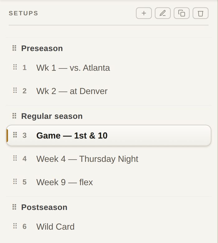 The Setups list: Preseason, Regular season and Postseason groups with seven games