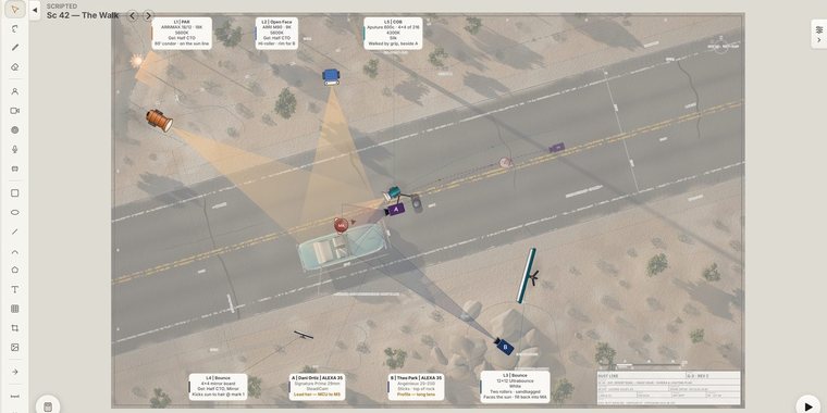 Scripted: a feature-film plot on the Mac — a desert road from above with the picture car, the actor’s walk, two cameras and the lighting package
