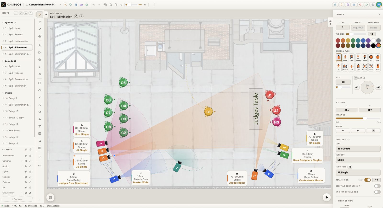 A competition-show plot on the Mac with camera C selected: nine cameras and their cones across the judges&rsquo; table, a shot card beside each one, and the camera panel open on tag, model, operator, colour and the fourteen camera types, with the lens, support and shot type below