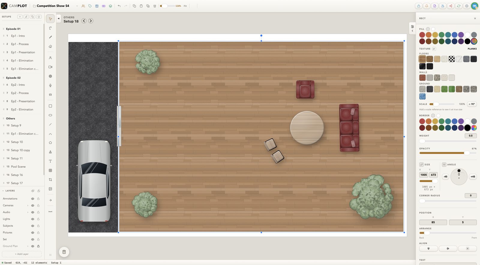 Drawing a set on the Mac: a rectangle filled with plank flooring beside an asphalt drive, with a car, an armchair, a sofa, a round table, two stools and three trees placed on it, and the shape panel open on its texture picker &mdash; floors, walls and ground &mdash; with scale and rotation