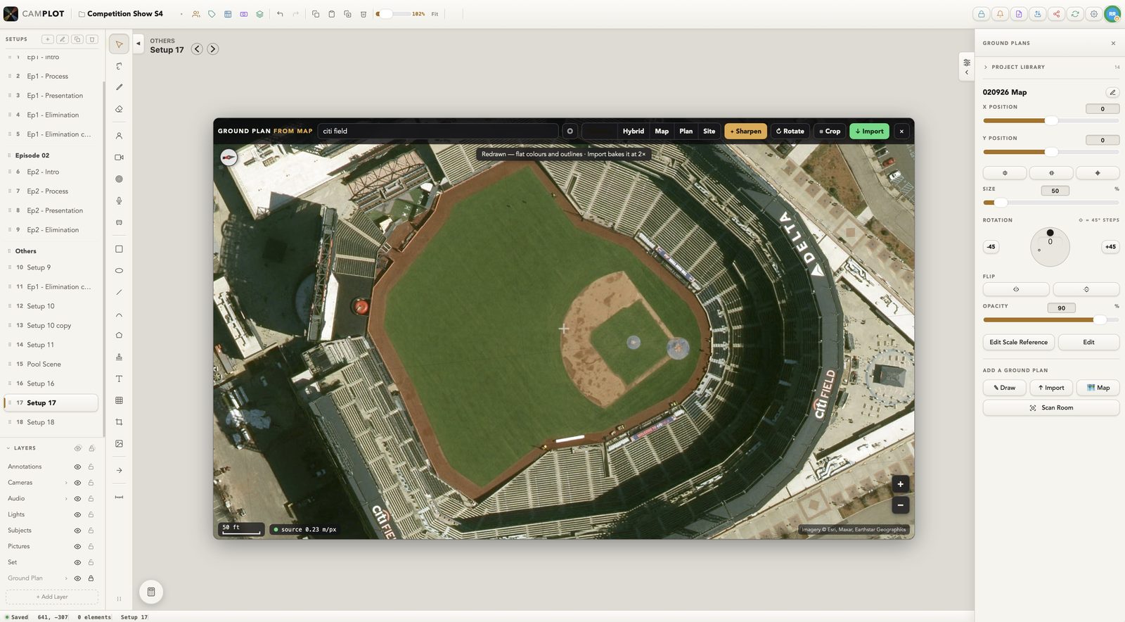 Pulling a ground plan from the map on the Mac: a ballpark seen from satellite, with hybrid, map, plan and site views, sharpen, rotate, crop and import, a fifty-foot scale bar reading 0.23 metres per pixel, and the ground plan library beside it