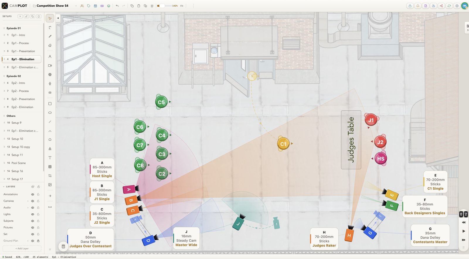 The competition plot on the Mac at position 2 of its move: camera D on its dolly track, G on another, the Steadicam walking its path and contestant C1 crossing from the door, each with a ghost of where it started, and the position counter and transport at the right