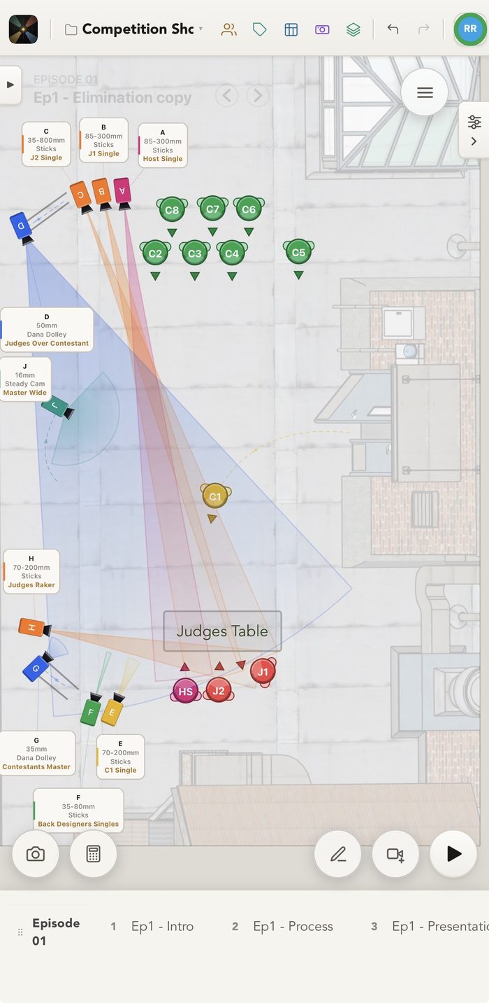 The competition plot on iPhone, laid out for a phone held upright: nine cameras, eight contestants, two judges and the host, with a shot card beside each camera naming its lens, support and shot