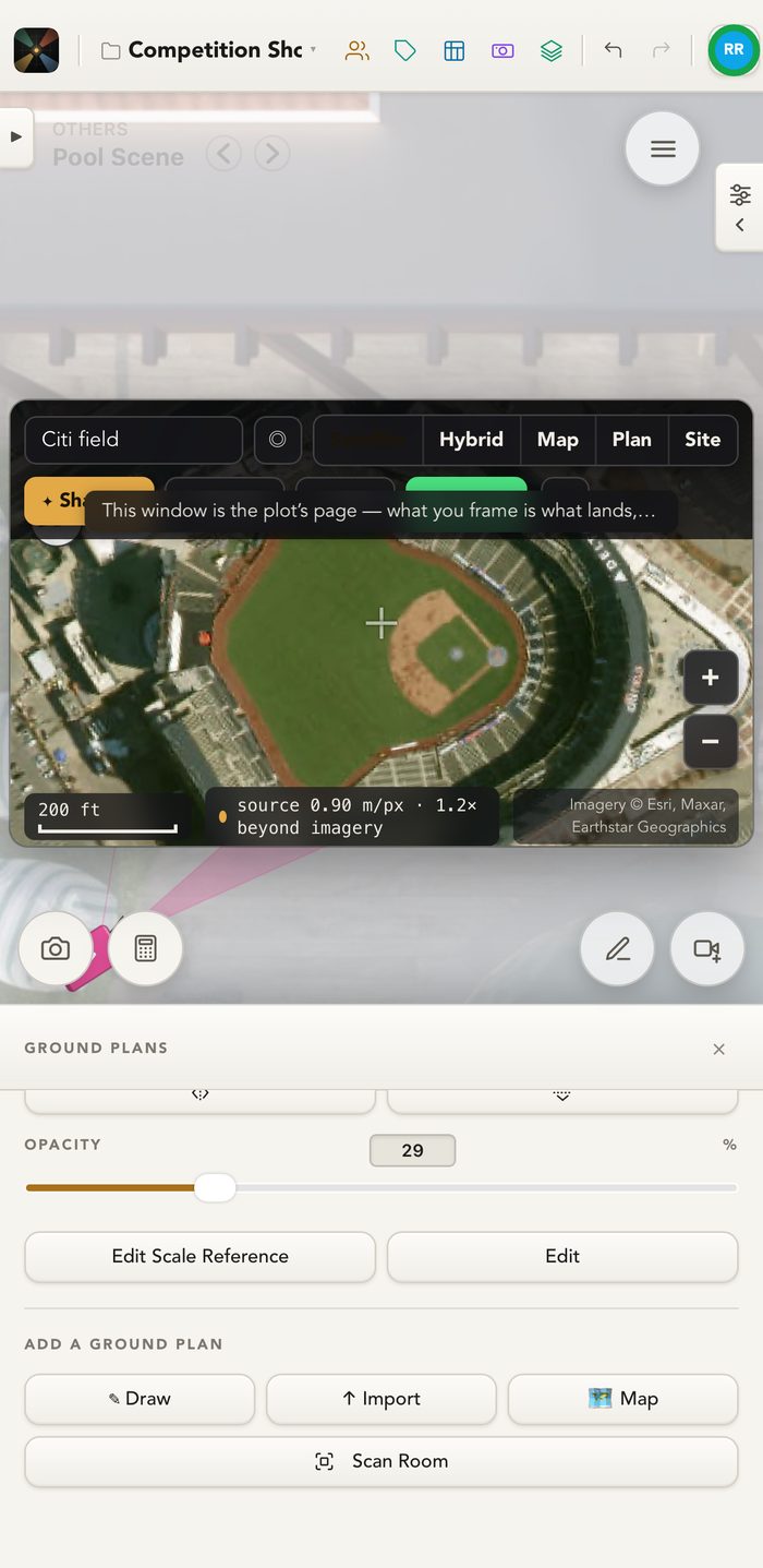 The same map on iPhone, framed over a plot, with the Ground Plans panel below offering draw, import, map and scan room