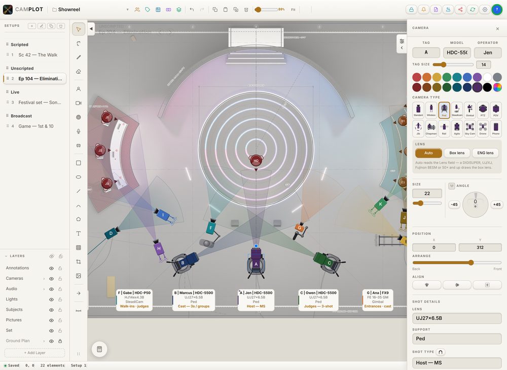 The studio plot on iPad with pedestal camera A selected and its camera panel open
