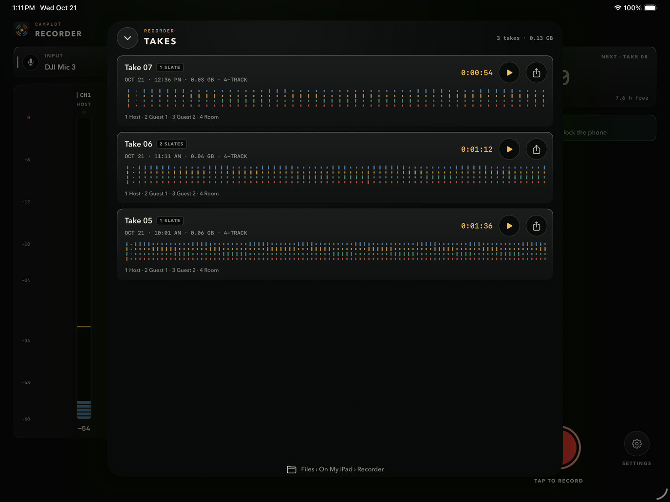 CamPlot Recorder on iPad with the Takes list open over the recorder: three takes with four-track waveforms, play and share buttons
