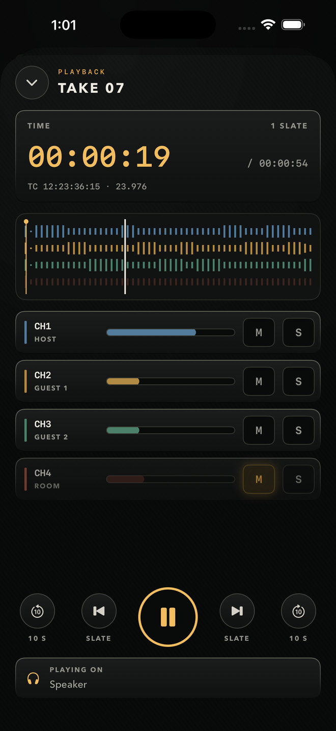 CamPlot Recorder playing take 07: a lane per mic, mute and solo on each, slate jumps and playback on the phone's speaker