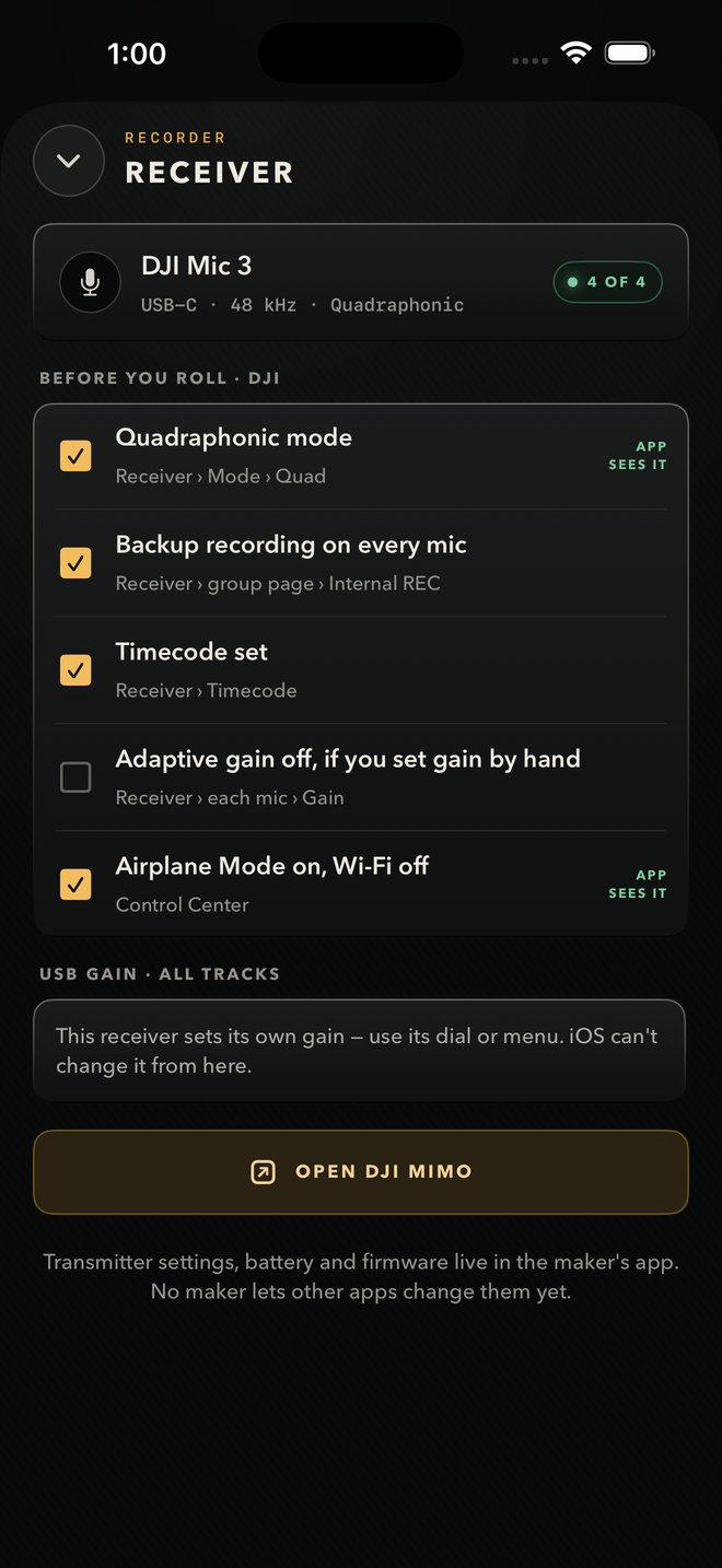 CamPlot Recorder's Receiver screen: a DJI Mic 3 sending 4 of 4 channels and a before-you-roll checklist for Quadraphonic mode, backup recording, timecode, gain and Airplane Mode