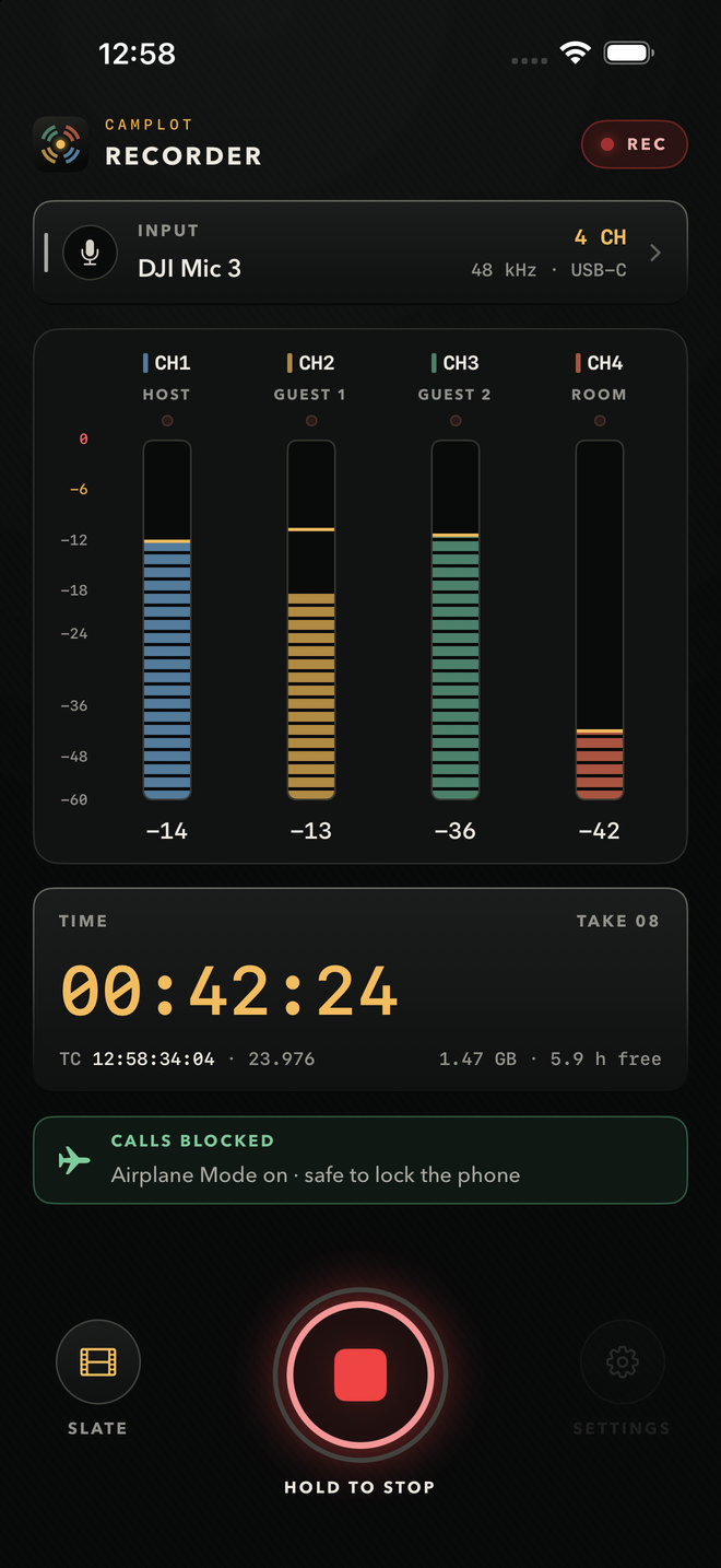 CamPlot Recorder on iPhone recording four tracks from a DJI Mic 3 at 42 minutes, with timecode and Airplane Mode on