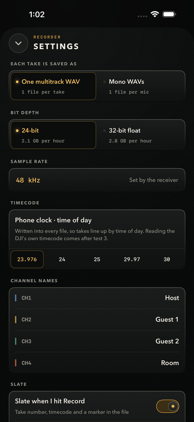 CamPlot Recorder settings: one multitrack WAV or mono WAVs, 24-bit or 32-bit float, the receiver's sample rate, time-of-day timecode at 23.976 to 30 fps, and channel names