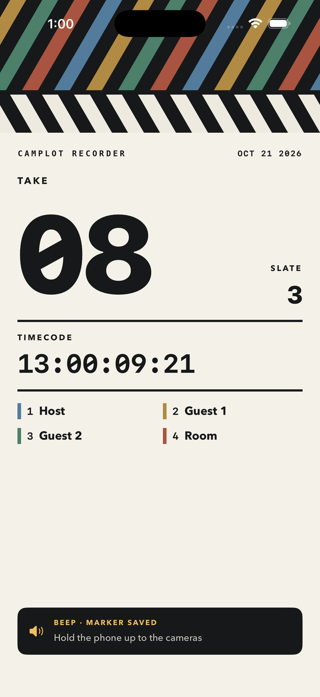 CamPlot Recorder's slate card: take 08, slate 3, timecode 13:00:09:21 and the four mic names, with a beep and a marker saved in the file
