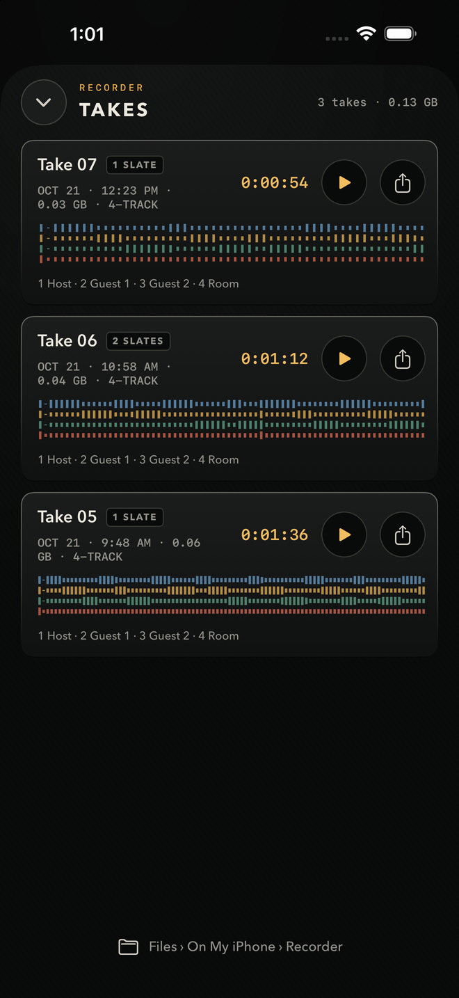 CamPlot Recorder's Takes list: three takes with their slates, size, four-track waveforms, play and share buttons