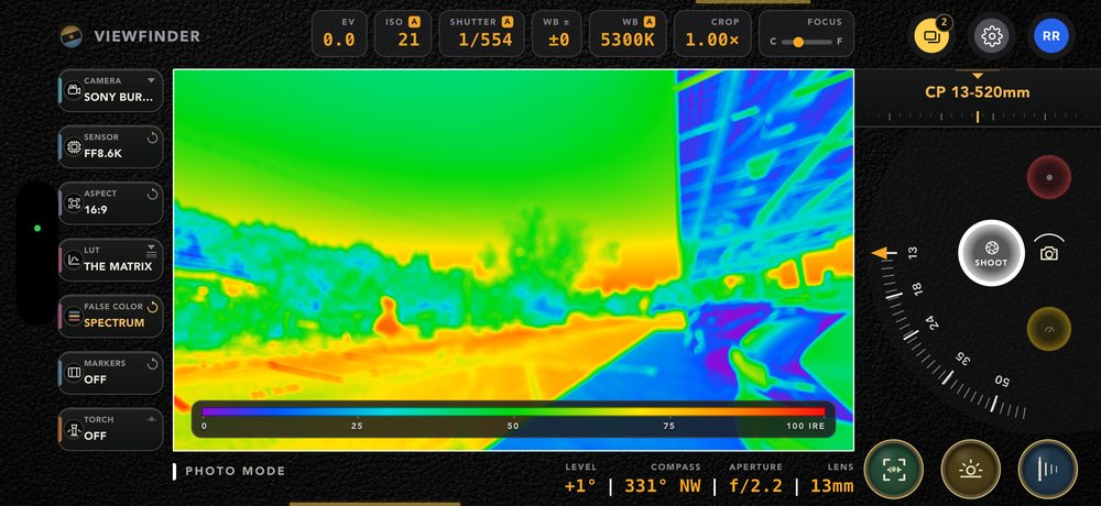 False colour on the full spectrum scale with an IRE ramp from 0 to 100 printed across the bottom of the frame