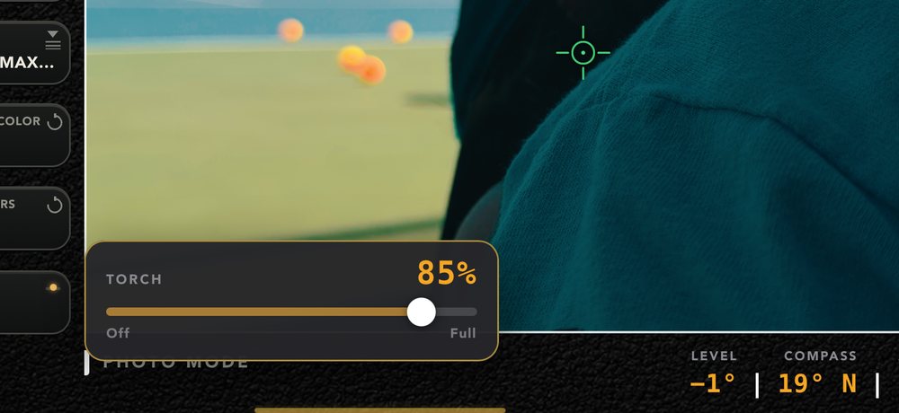 The torch control open over the frame, set to 85 percent on a slider running from off to full