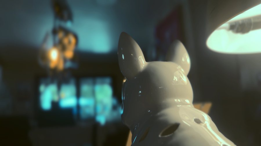 The same subject captured with Cinematic on — the background lamps have opened into round highlights