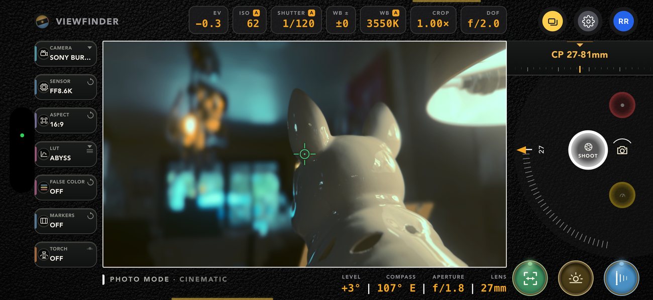 Photo mode with Cinematic on — the mode line reads PHOTO MODE, CINEMATIC and a DOF readout of f slash 2.0 sits in the top row where FOCUS normally is