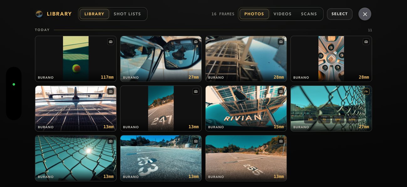 The Viewfinder library — sixteen frames grouped under Today, each thumbnail badged with the camera body and the focal length used