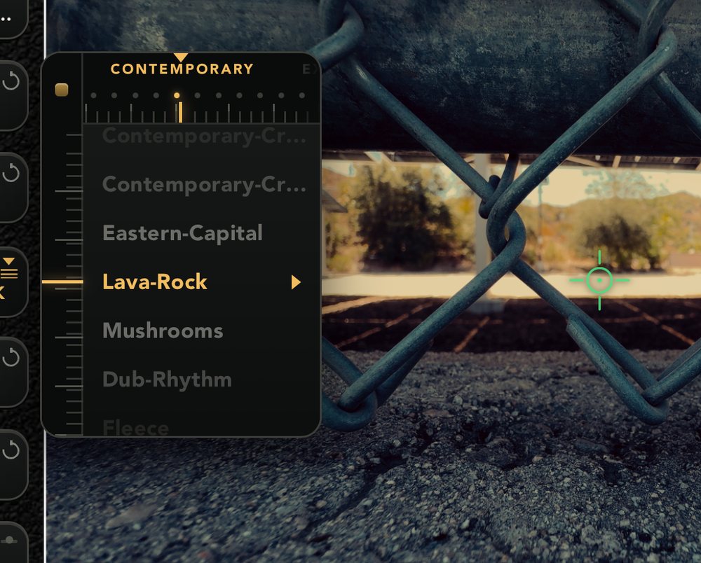 The LUT dial open on the Contemporary shelf — Eastern-Capital, Lava-Rock, Mushrooms, Dub-Rhythm — over a warm fence frame