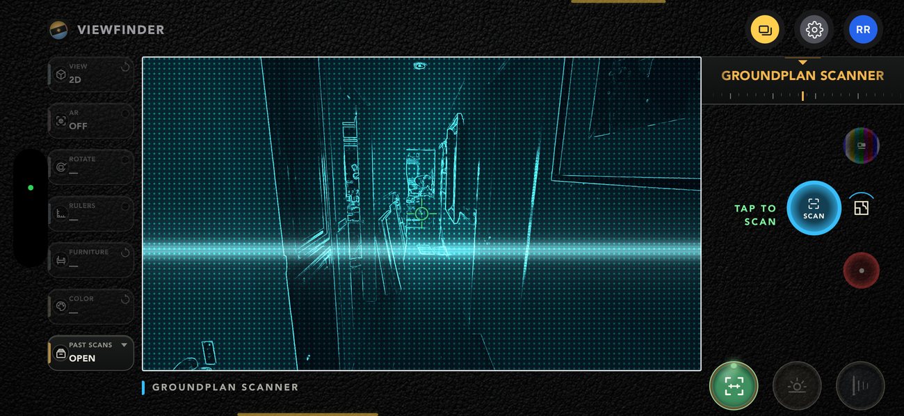Groundplan scanner mid-scan — a room drawn as a cyan LiDAR wireframe with the capture sweep running across it, and TAP TO SCAN on the blue capture button