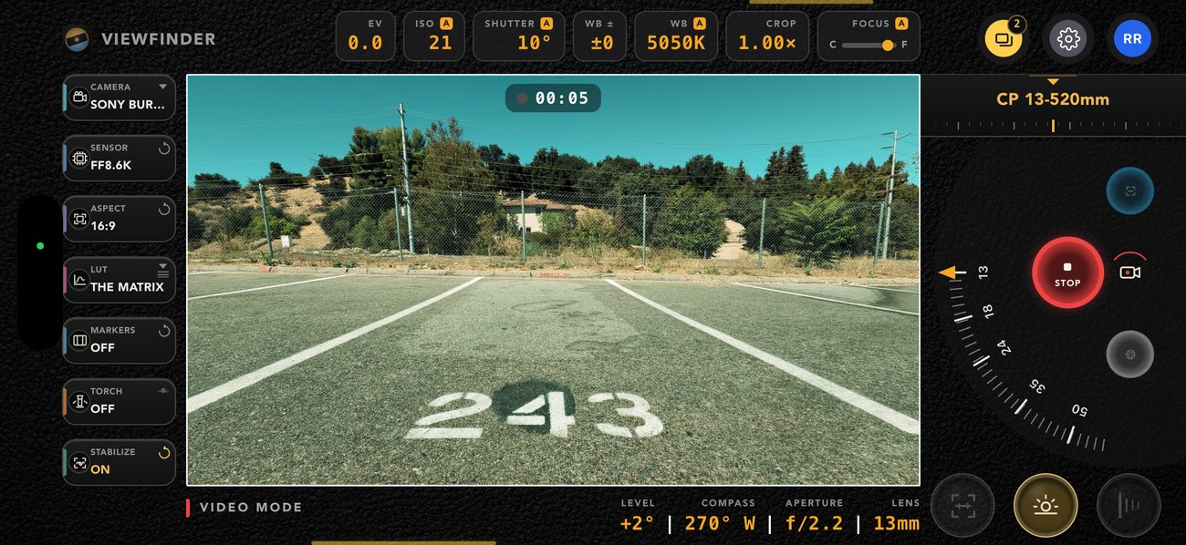 Video mode mid-take — five seconds on the timer, a red STOP button, a 10 degree shutter angle and stabilisation on