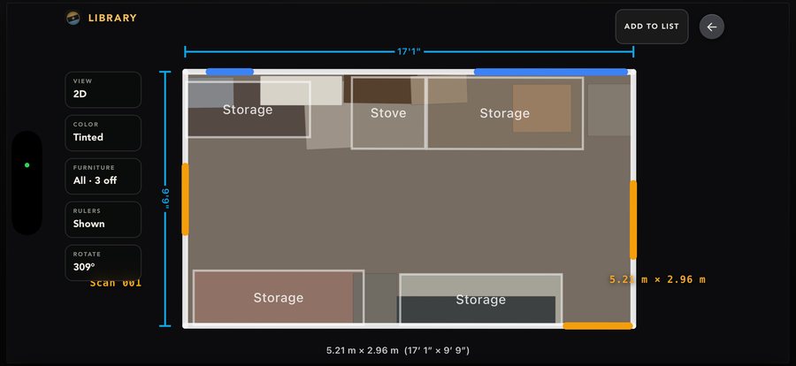 Scan review in 2D — a dimensioned overhead plan measuring 17 feet 1 inch by 9 feet 9 inches, tinted, with storage units and a stove labelled and rulers on two walls