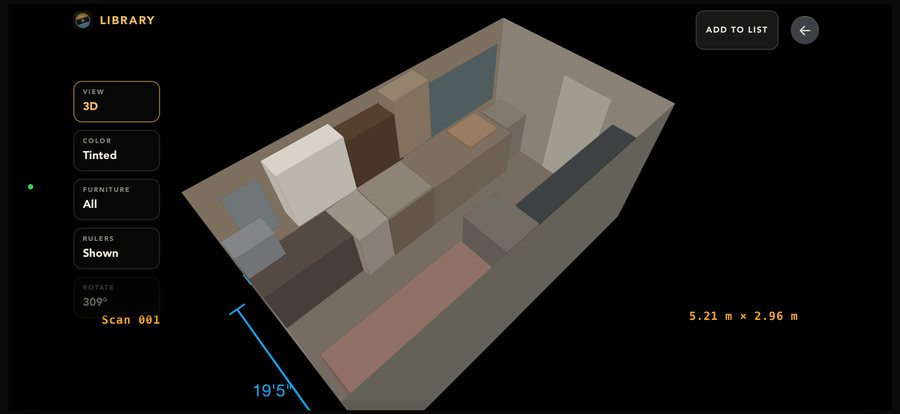 Scan review in 3D — the same room as an orbitable model tinted with the colours the camera saw, rotated 309 degrees