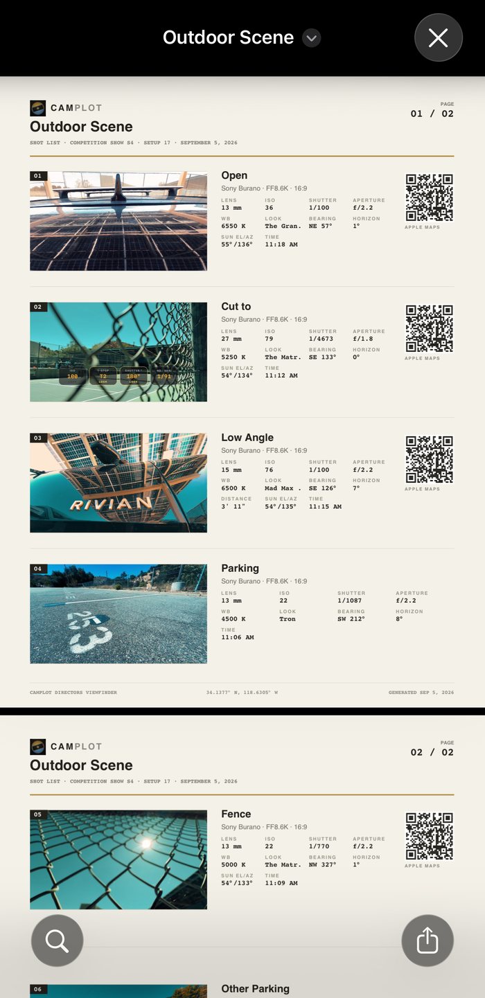 The exported shot list PDF — a CamPlot-headed page listing each frame with its lens, ISO, shutter, aperture, white balance, look, bearing, horizon, sun elevation and azimuth and time, with a QR code that opens the location in Apple Maps